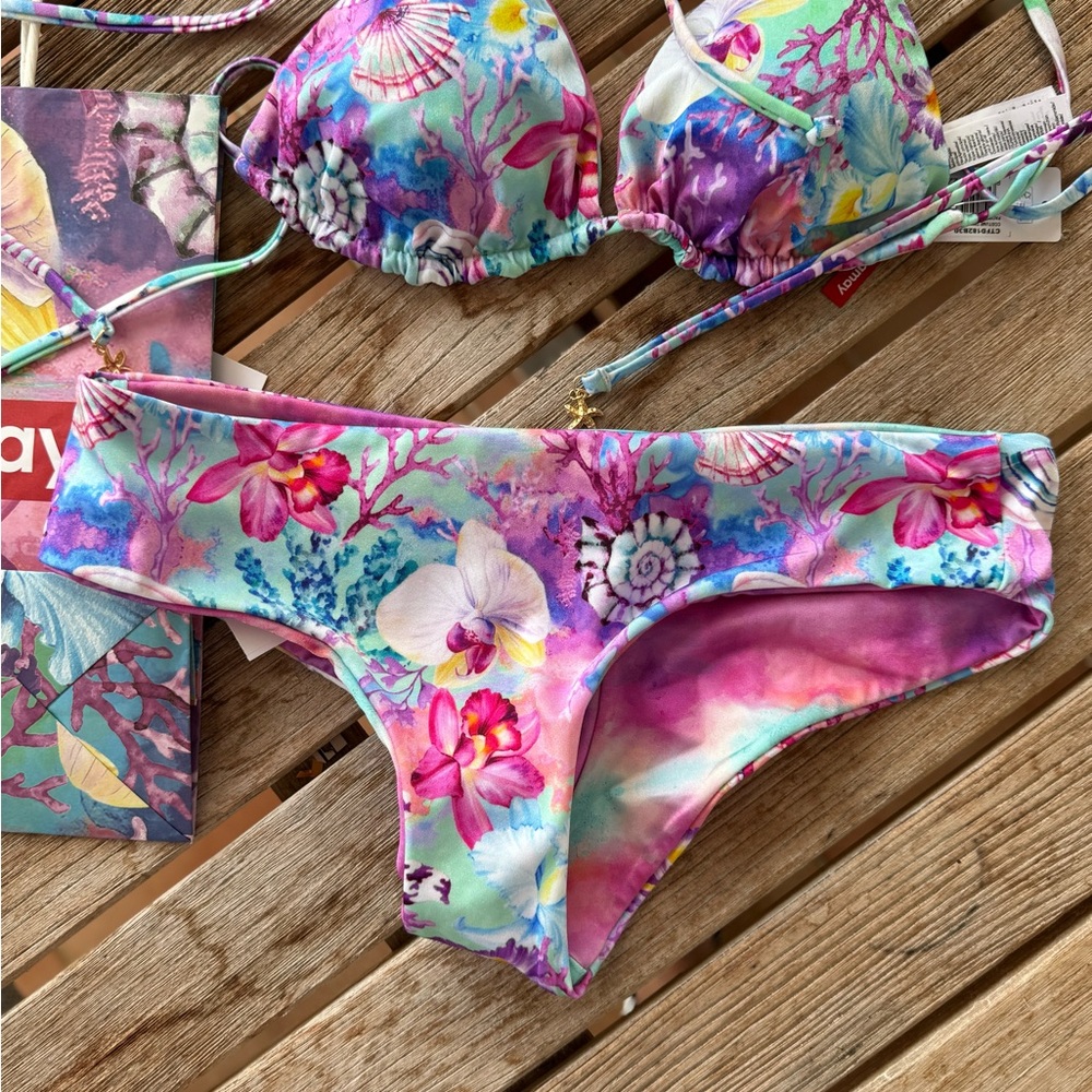 European Reversible Floral Bikini Set in Pink, Purple and Blue Hues